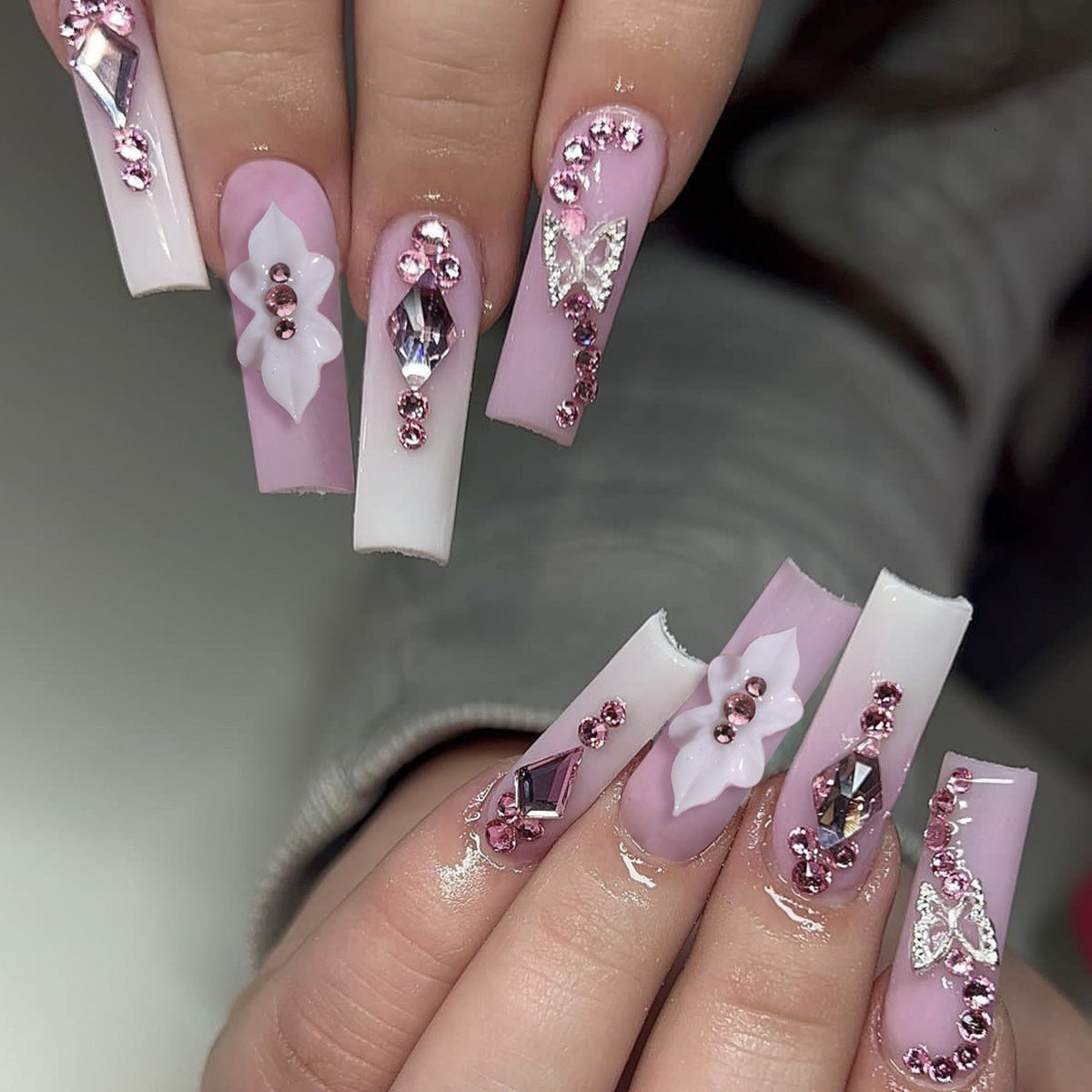 4 Boxes 96pcs European and American Press-on Nails Gorgeous Sweet Cool Flashy Broken Glitter Flowers Gren Butterfly Water Pipe Long Fake Nails Combination Set Suitable for Girs and Women Gifts
